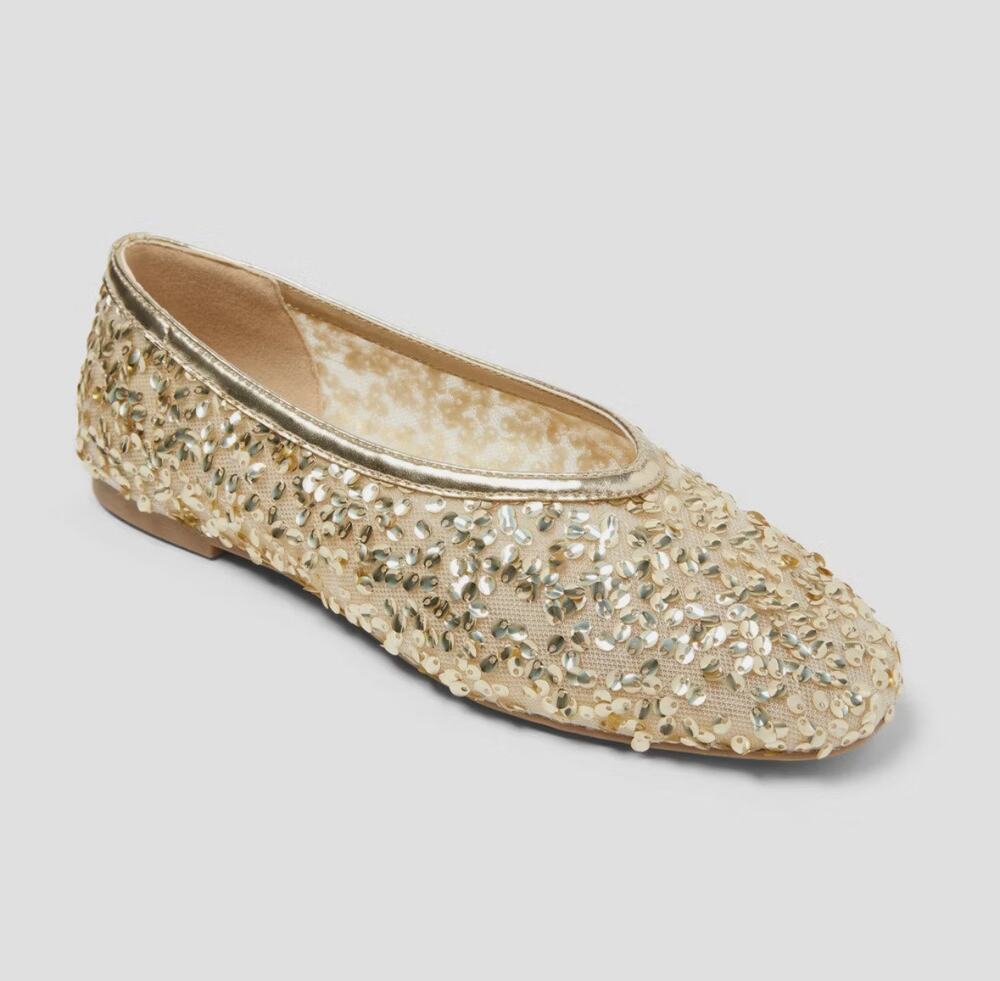 A New Day Sammie Sequin Ballet Flats Gold Mesh Memory Foam Womens Size 9.5 NWT